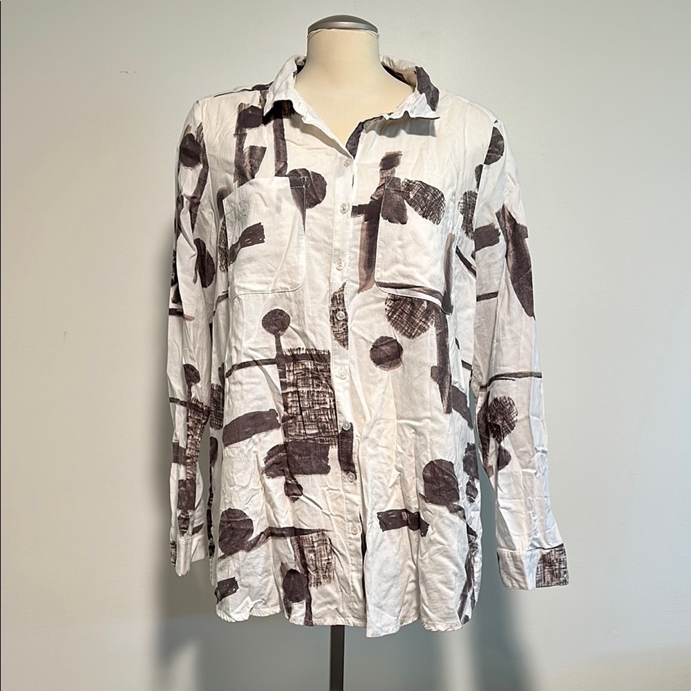 Women's White and Brown Button Down Shirt